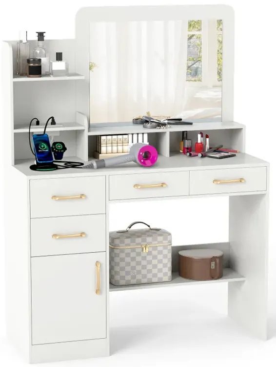 39.5 Inch Vanity Desk with Power Outlets and Mirror for Bedroom