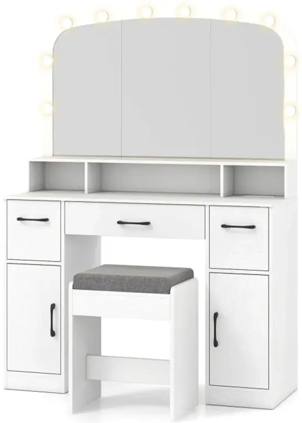 Vanity Desk Makeup Table with Stool 3-Color Lights and Charging Station