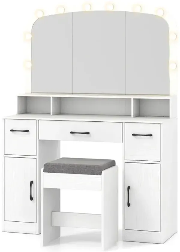 Vanity Desk Makeup Table with Stool 3-Color Lights and Charging Station