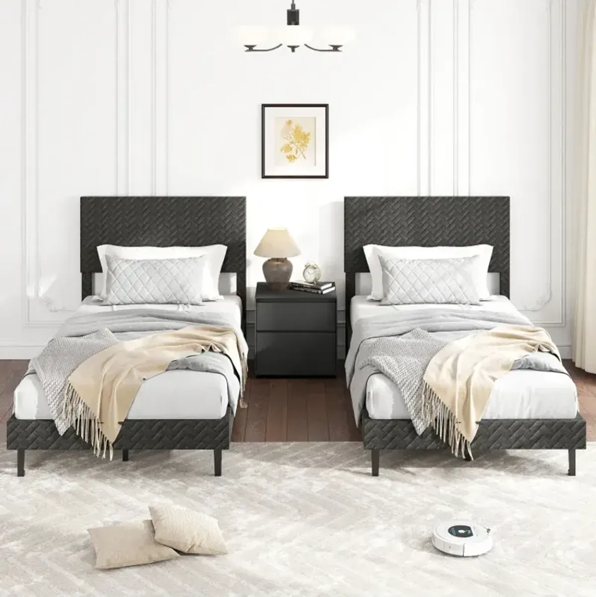 Twin/Full/Queen Size Velvet Bed Frame Upholstered Platform Bed with Chevron Headboard Gray