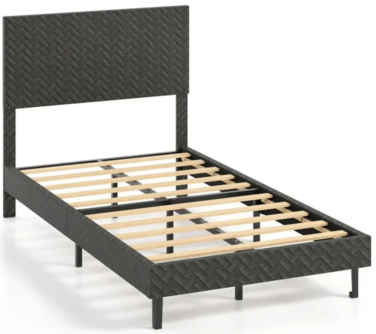 Twin/Full/Queen Size Velvet Bed Frame Upholstered Platform Bed with Chevron Headboard Gray