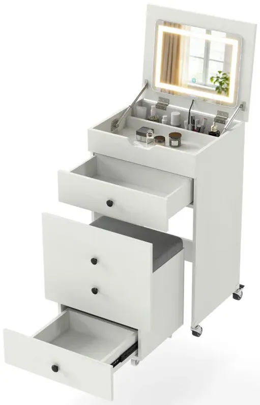 3-in-1 Small Vanity Desk Set with Flip-top Mirror and Lights with Drawers and Stool