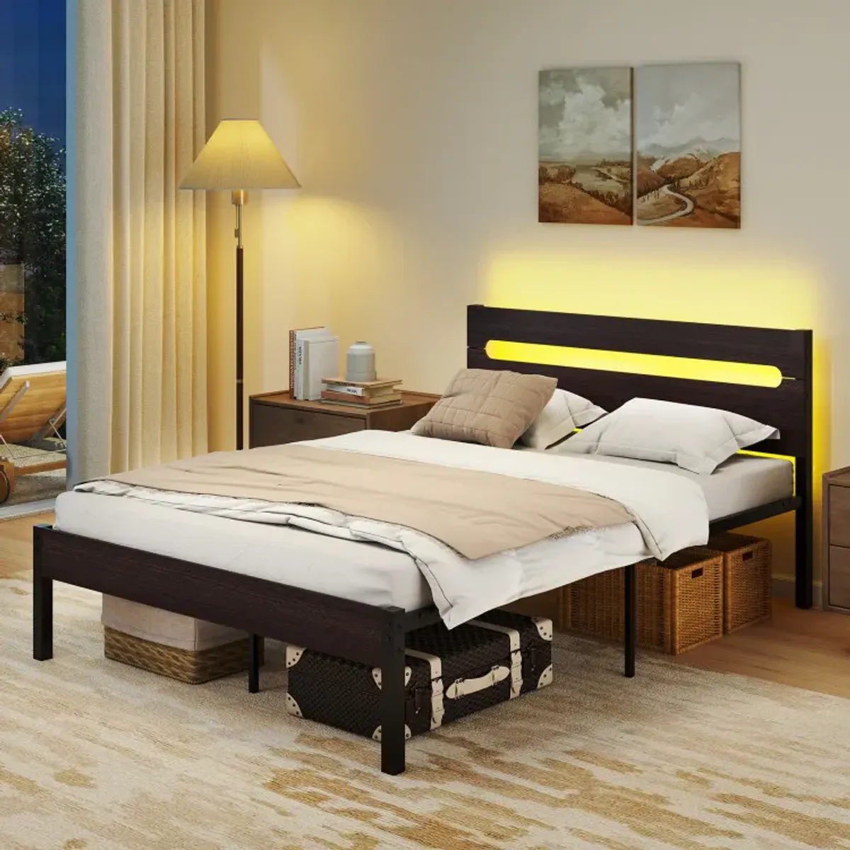 Heavy-Duty Metal Slats Support Bed Platform with Charging Station
