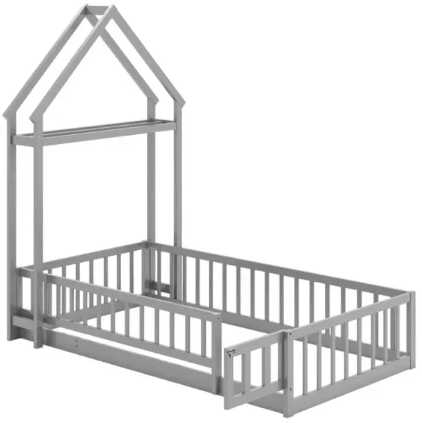 Twin Size House Floor Bed with House-shaped Headboard