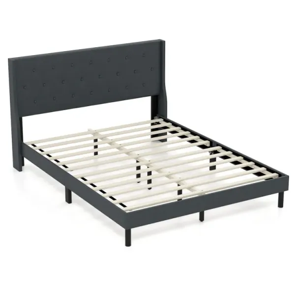 Queen Size Upholstered Bed Frame with Button Tufted Wingback Headboard and Wooden Slats Support Mattress Foundation
