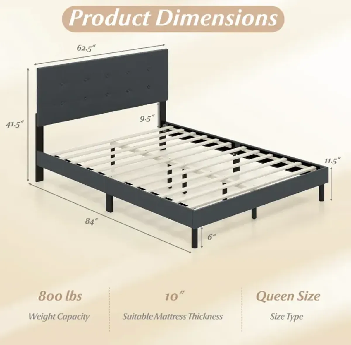 Queen Size Upholstered Bed Frame Linen Platform Bed