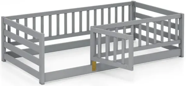 Twin Size Floor Bed with High Fence and Door Playhouse for Kids