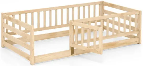 Twin Size Floor Bed with High Fence and Door Playhouse for Kids