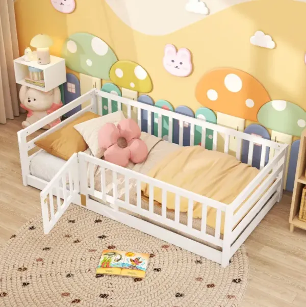 Twin Size Floor Bed with High Fence and Door Playhouse for Kids