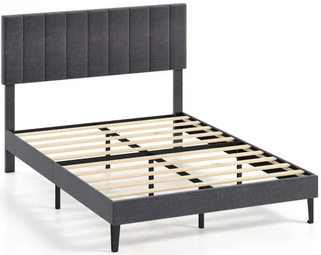 Velvet Upholstered Platform Bed with Height Adjustable Vertical Channel Headboard