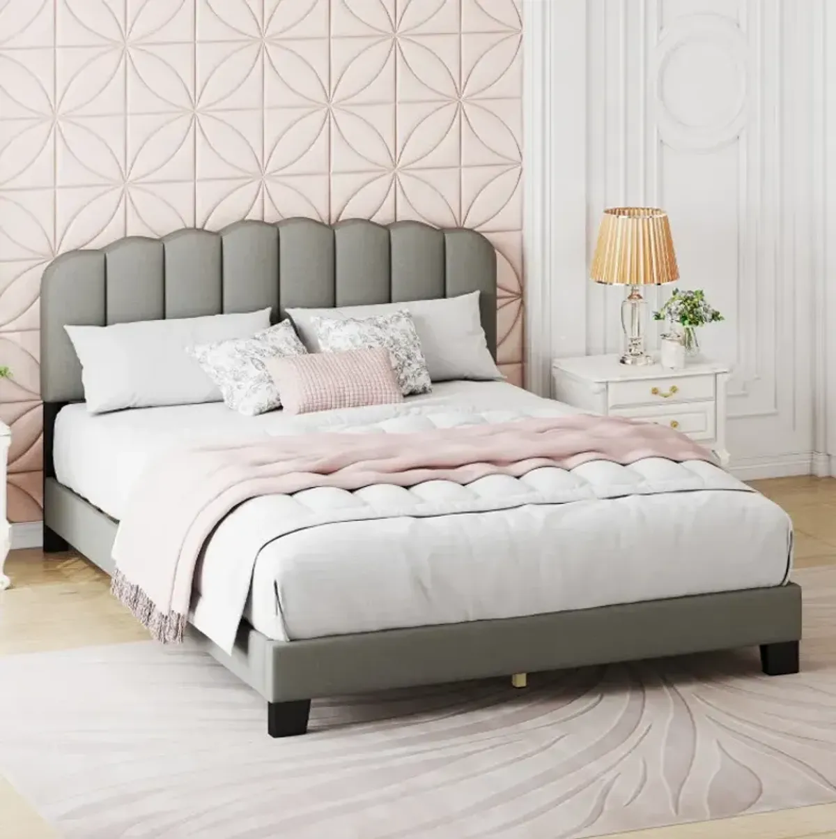Queen Size Bed Frame with Adjustable Scalloped Tufted Headboard