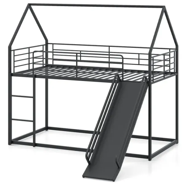 House-shaped Metal Twin Over Twin Low Bunk Bed