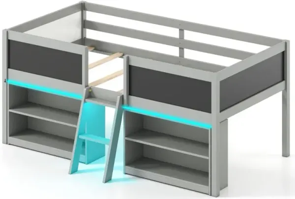 Low Loft Bed with LED Lights Kids Cabin Bed with Bookcases