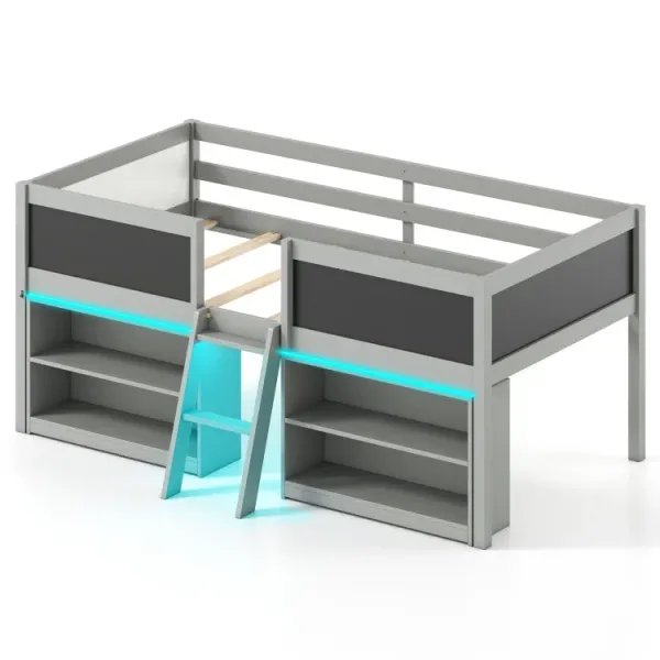 Low Loft Bed with LED Lights Kids Cabin Bed with Bookcases