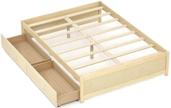 Full Size Wooden Bed Frame with 2 Rolling Storage Drawers
