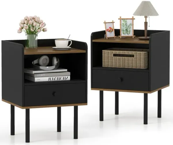 Nightstand with Drawer 3-Tier Sofa Side Table with Open Storage Shelf Set of 2