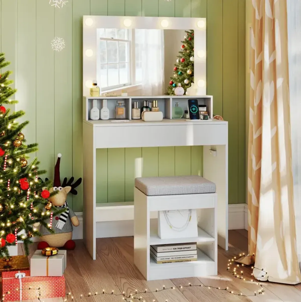 31.5 Inches Vanity Desk with 3 Lighting Modes and Storage Shelves