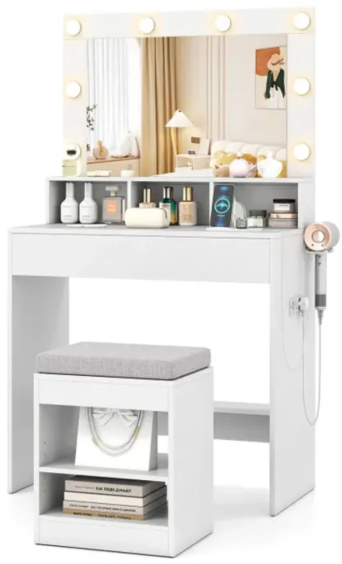 31.5 Inches Vanity Desk with 3 Lighting Modes and Storage Shelves