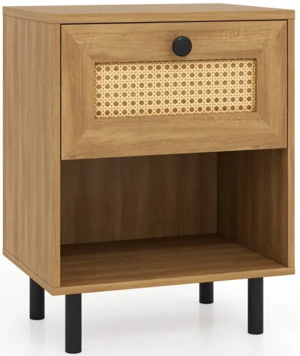 Rattan Nightstand Boho End Table with Rattan Drawer and Open Shelf