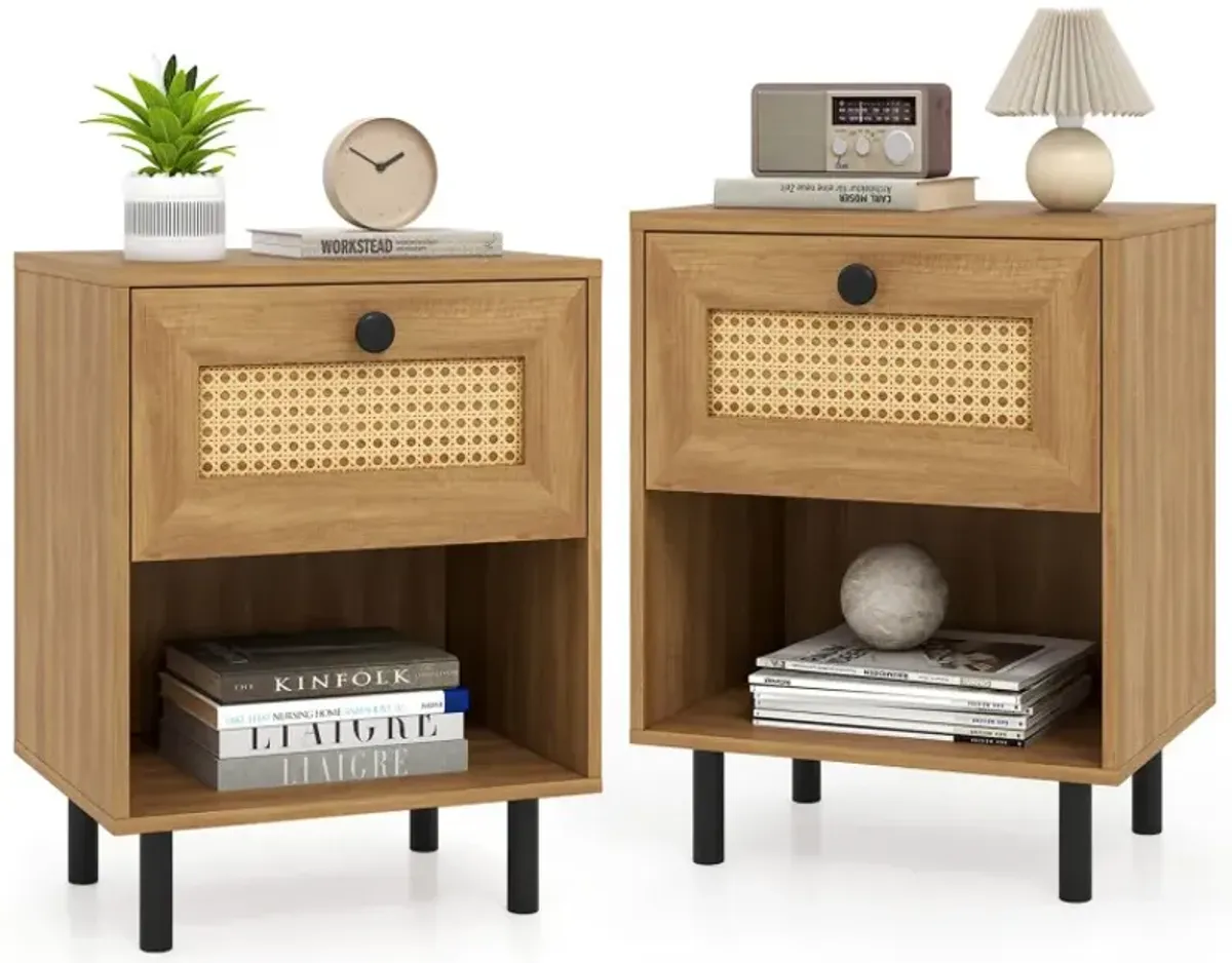 Rattan Nightstand Boho End Table with Rattan Drawer and Open Shelf Set of 2