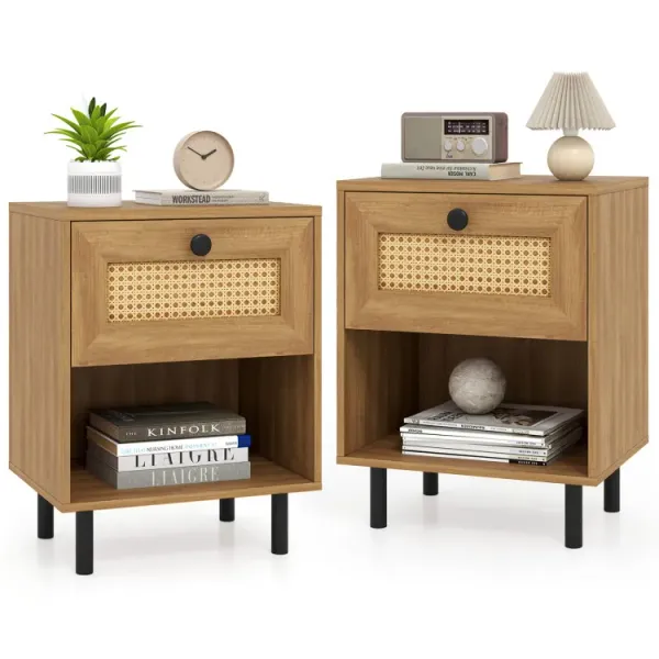 Rattan Nightstand Boho End Table with Rattan Drawer and Open Shelf Set of 2