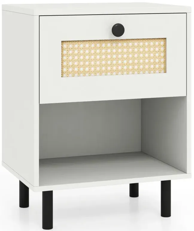 Rattan Nightstand Boho End Table with Rattan Drawer and Open Shelf
