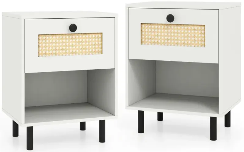 Rattan Nightstand Boho End Table with Rattan Drawer and Open Shelf Set of 2