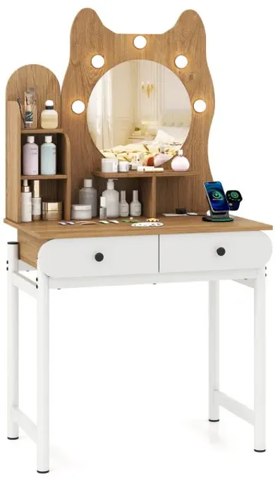 Small Vanity Desk with Mirror and Lights Cute Kitty Makeup Table with Power Outlets