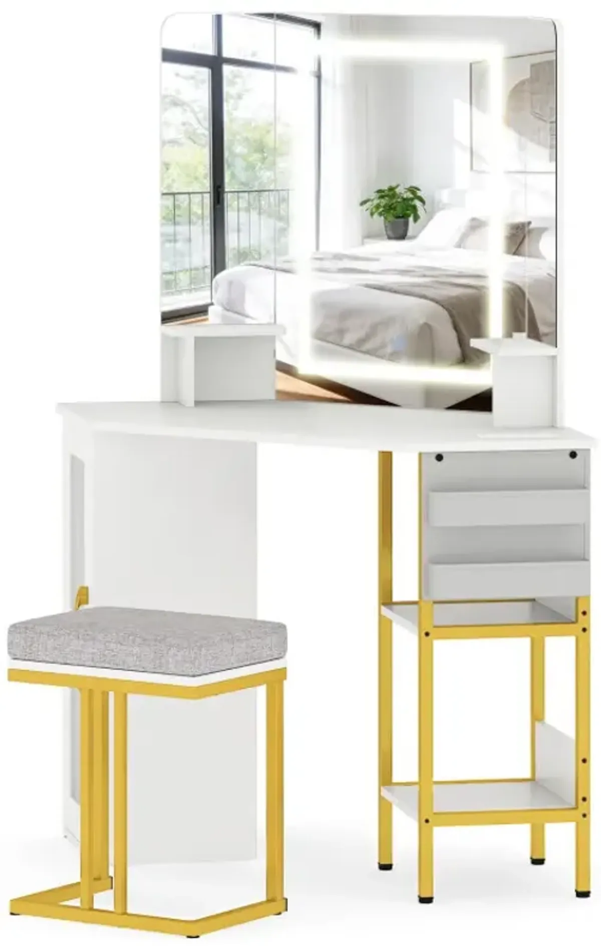 Corner Vanity Desk with Mirror and Lights Makeup Dressing Table with Triple Mirror