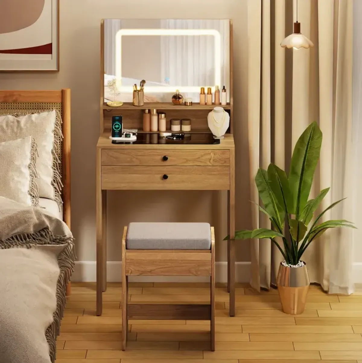 Small Vanity Desk with Mirror and Lights for Bedroom