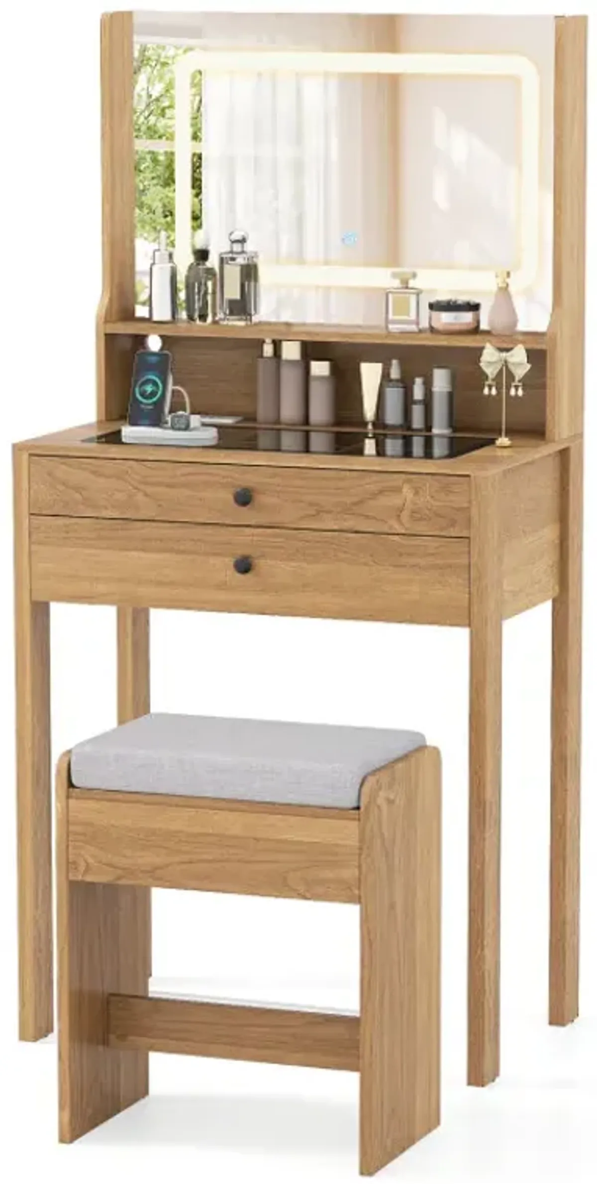 Small Vanity Desk with Mirror and Lights for Bedroom