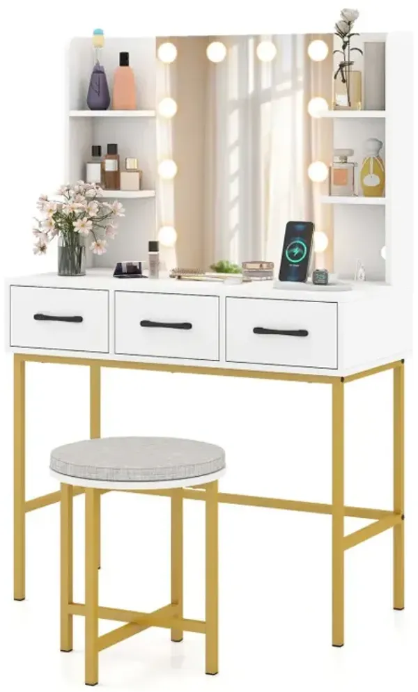 Vanity Desk with Mirror and Lights Makeup Dressing Table and Cushioned Stool Set