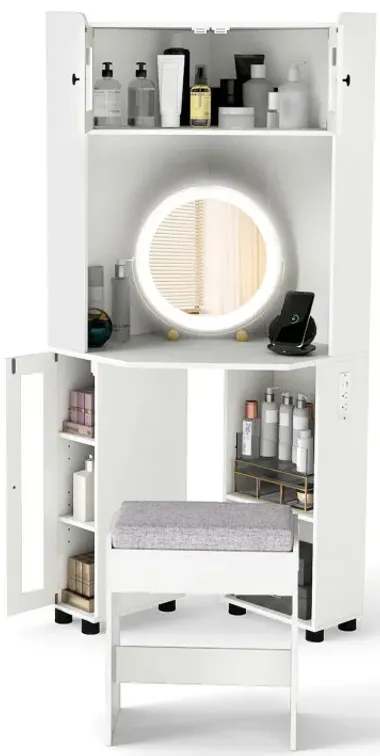 Compact Dressing Corner Vanity Desk with Mirror and Lights