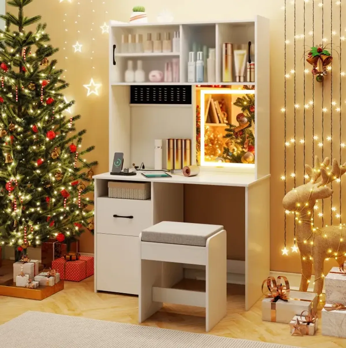 67 Inches Tall Vanity Set with Mirror Makeup Dressing Table with Charging Station