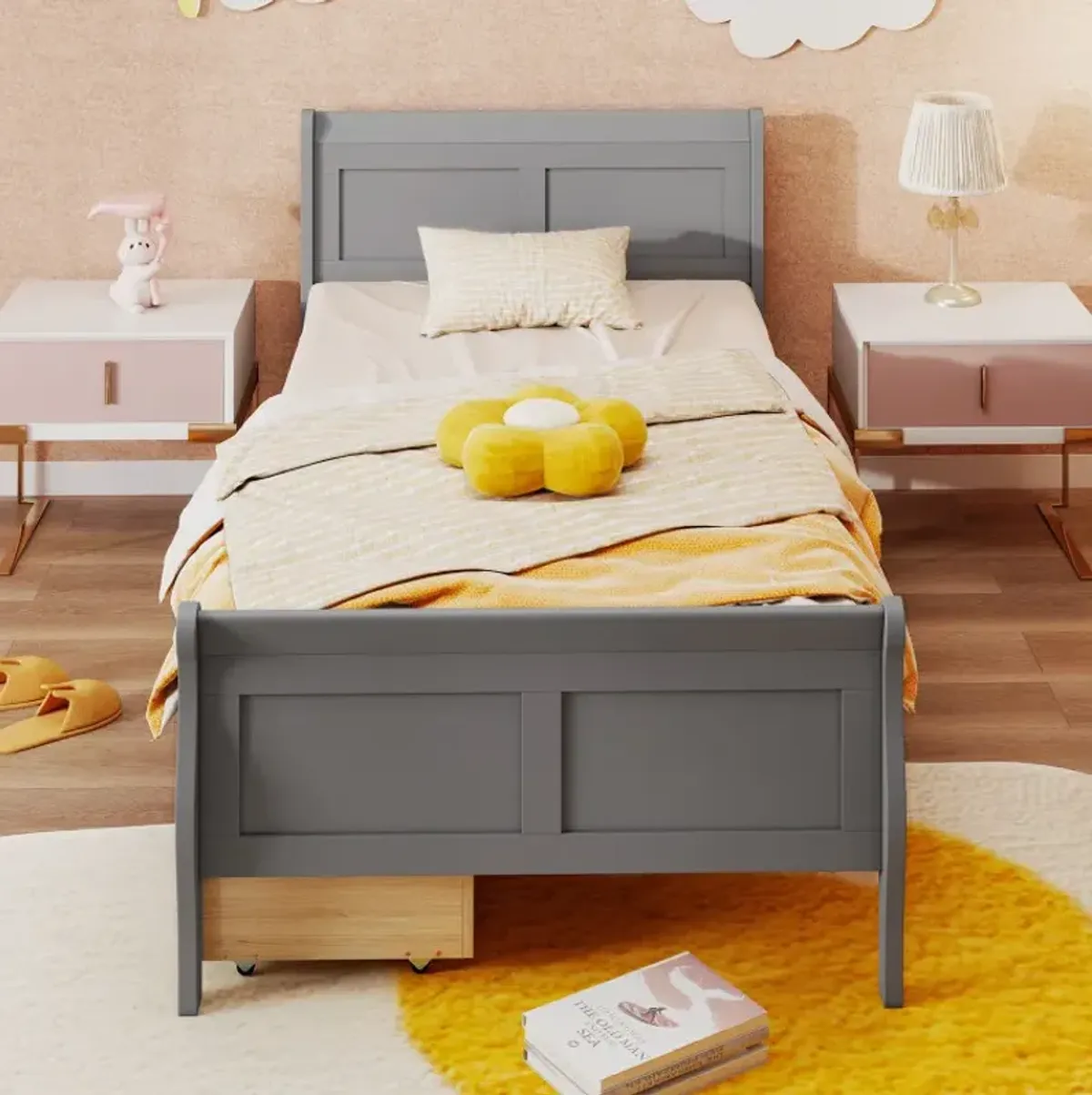Twin Size Sleigh Bed with 2 Storage Drawers Wood Platform Bed Frame