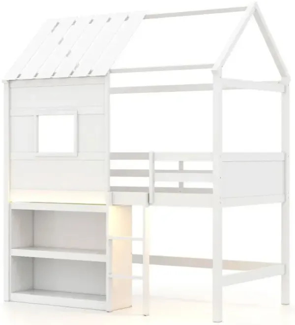 Twin Size Loft Bed with LED Lights, Roof, Window and Storage Bookshelf