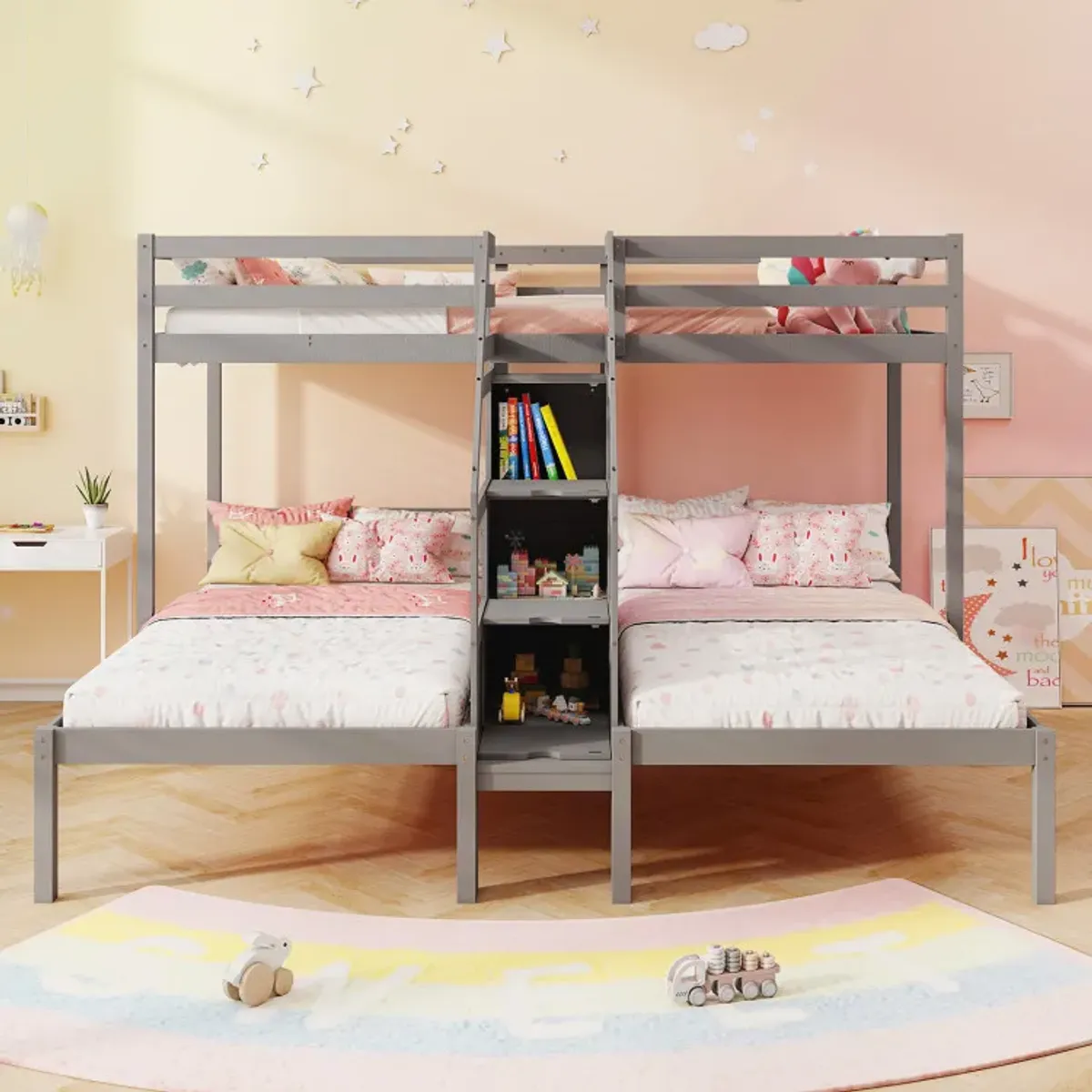 Twin Over Twin and Twin Bunk Bed with Storage Staircase and Guardrail for 3 Kids Teens