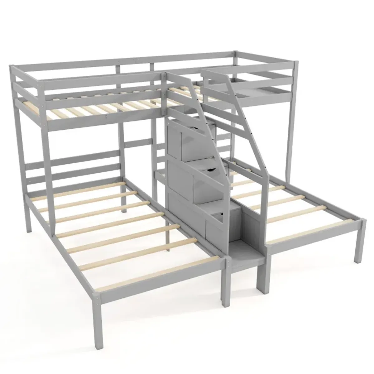 Twin Over Twin and Twin Bunk Bed with Storage Staircase and Guardrail for 3 Kids Teens