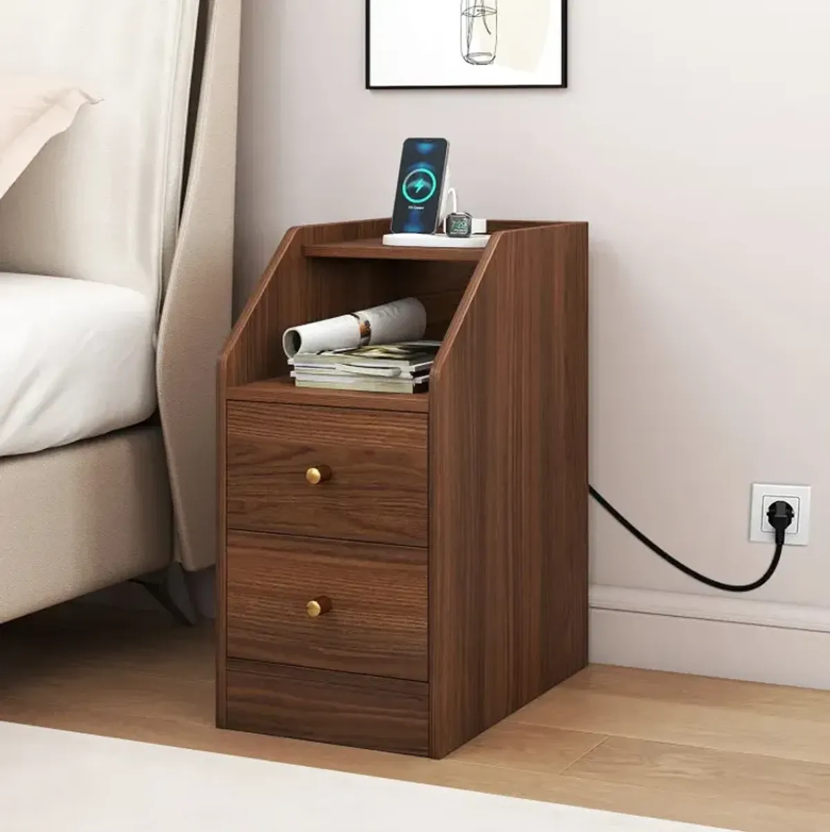 Side End Table with Charging Station Sofa Couch Table with Shelf Drawers
