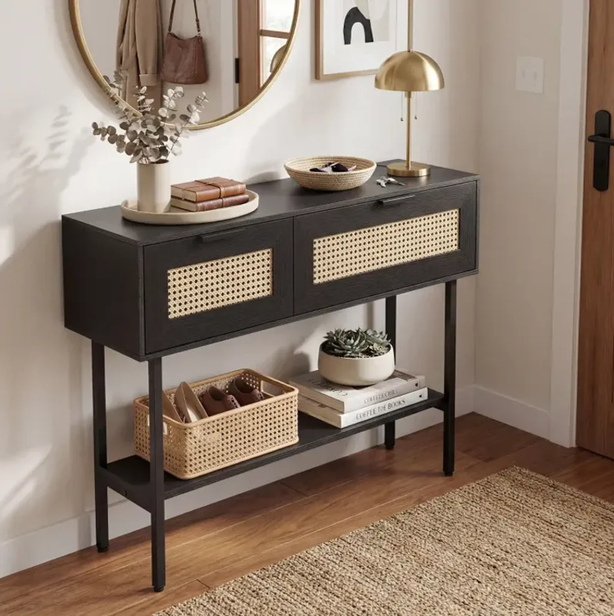 Rattan Console Table With 2 Storage Cabinets Shelf Carbon Steel Frame ...