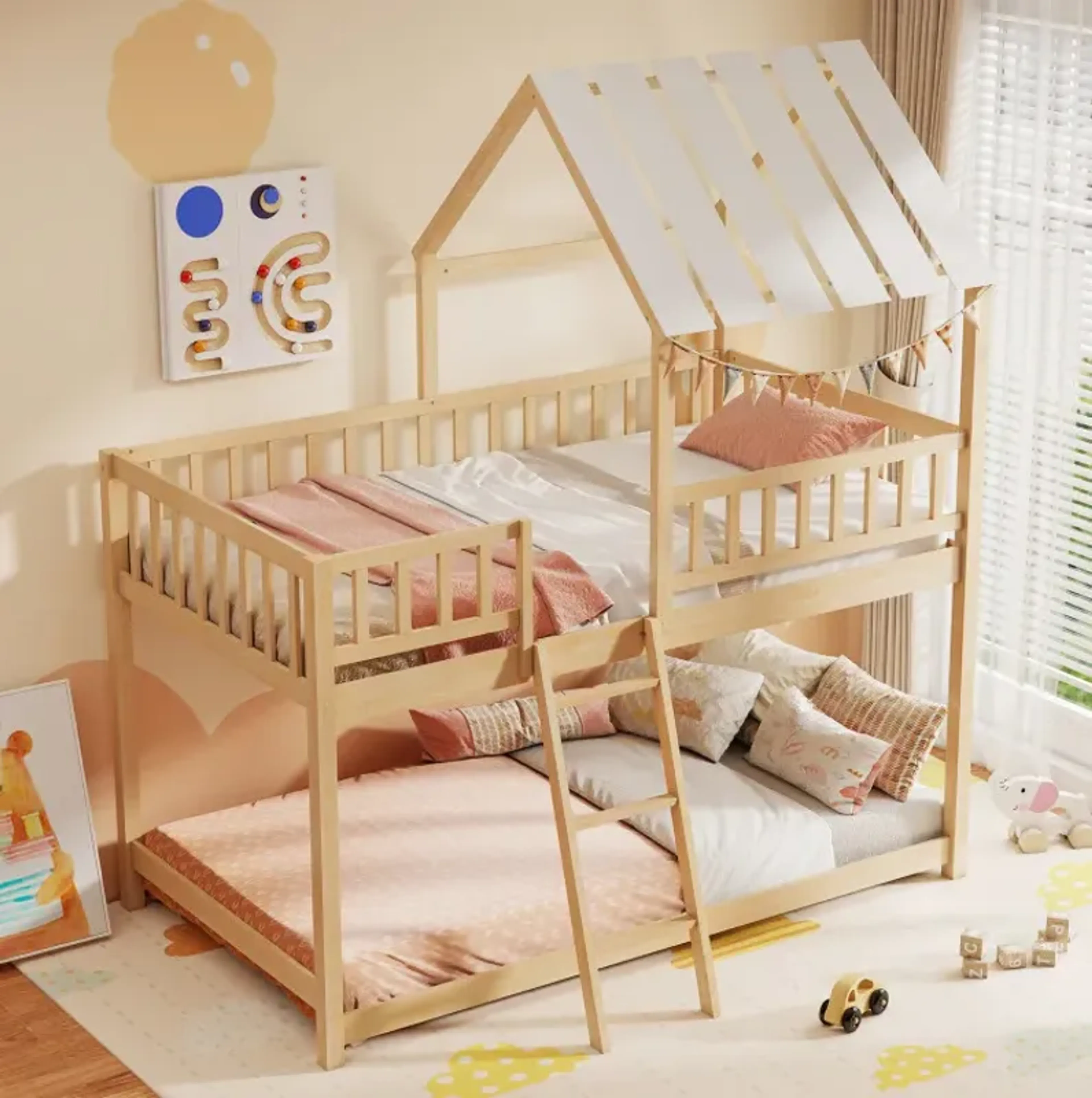 Twin Over Twin House Bunk Bed With Roof And Full Length Guardrails For ...