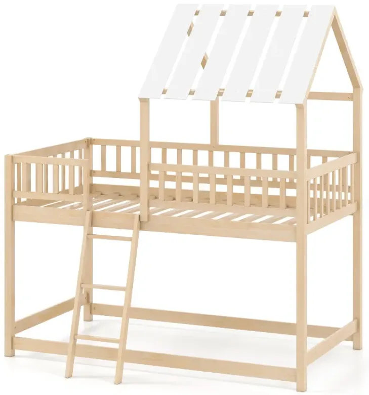 Twin Over Twin House Bunk Bed with Roof and Full-length Guardrails for Kids Teens Boys Girls