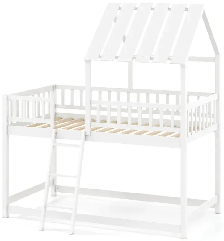 Twin Over Twin House Bunk Bed with Roof and Full-length Guardrails for Kids Teens Boys Girls