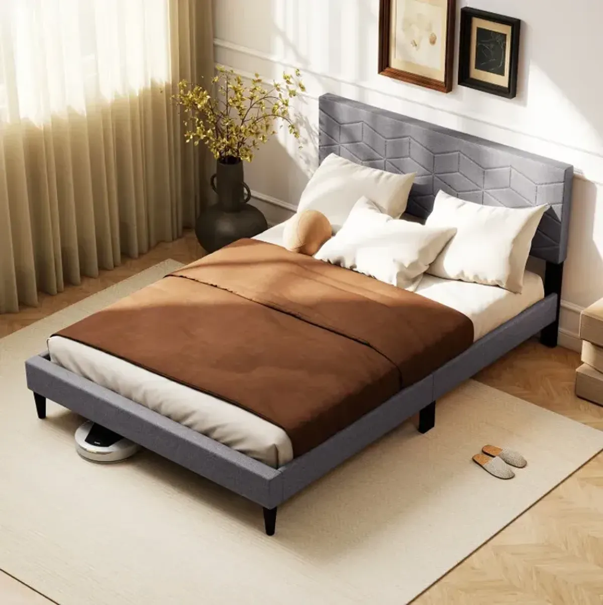 Twin/Full/Queen Size Bed Frame Modern Platform Bed with Linen Fabric Upholstered Headboard