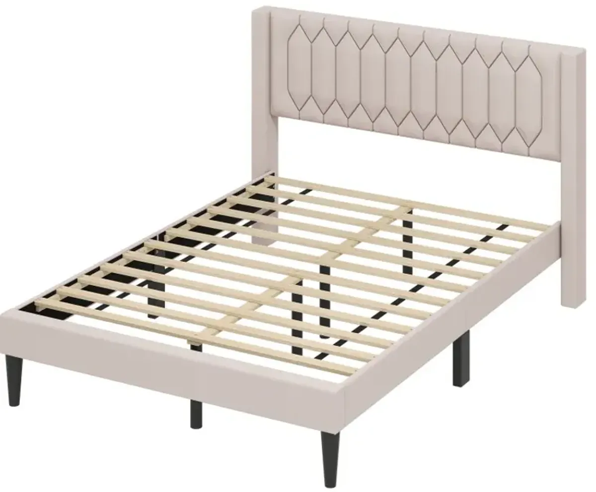 Queen Size Dutch Velvet/Linen Fabric Upholstered Platform Bed with Wingback Headboard and Wooden Slat Support