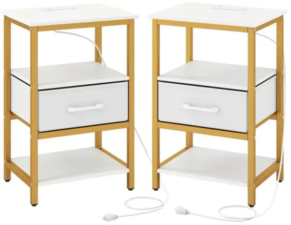 Nightstand with Charging Station and Adjustable Fabric Drawer for Bedroom and Living Room