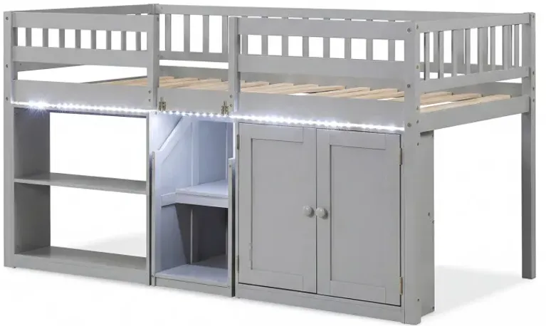 Twin Size Loft Bed with LED Lights and Kids Wooden Bed Frame