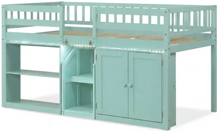 Twin Size Loft Bed with LED Lights and Kids Wooden Bed Frame
