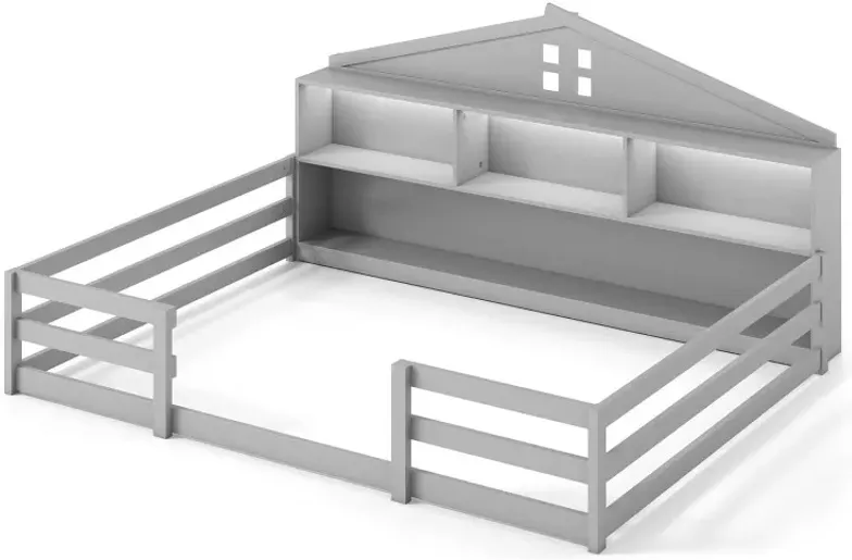 Full Size Montessori Floor Bed with Storage Compartments and Shelf