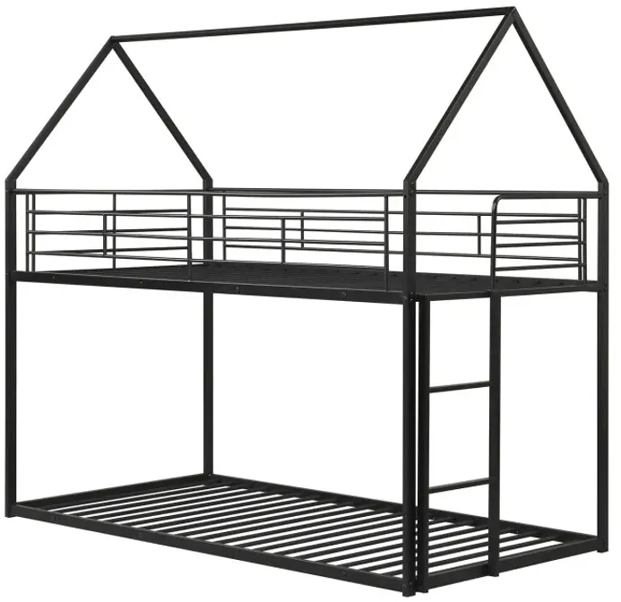 Twin Over Twin Metal Bunk Bed with Roof and Ladder
